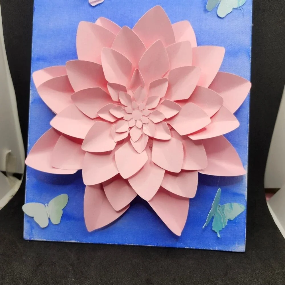 Handmade Dahlia Flower Canvas Wall Art, Mixed Media Watercolor Painting, Pink